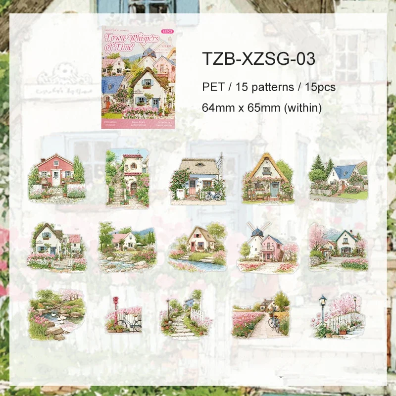JIANWU Small Town Time Series Vintage House Tree Landscape Material Collage PET Sticker Creative DIY Journal Stationery