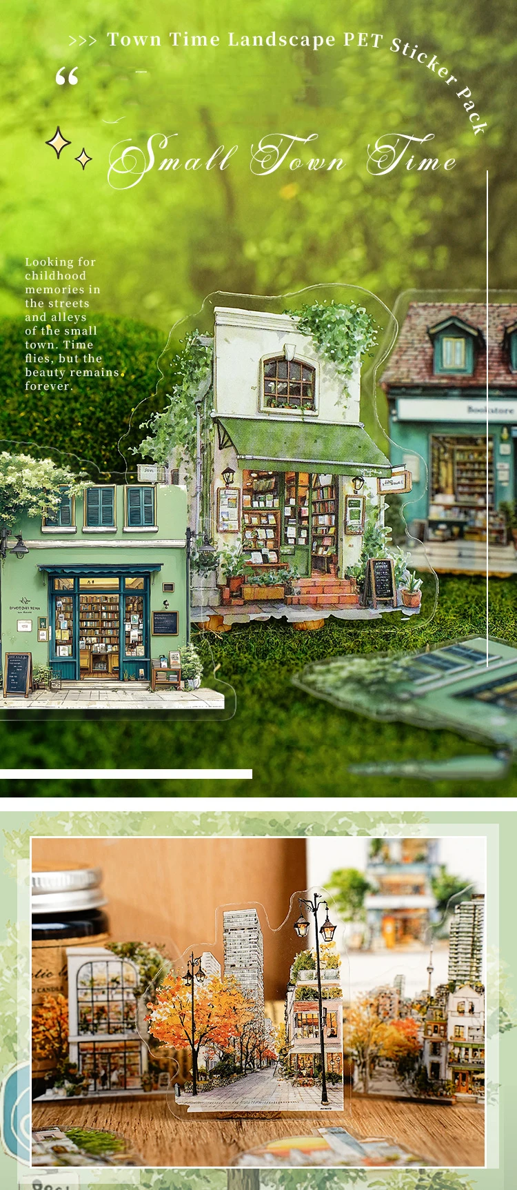 JIANWU Small Town Time Series Vintage House Tree Landscape Material Collage PET Sticker Creative DIY Journal Stationery