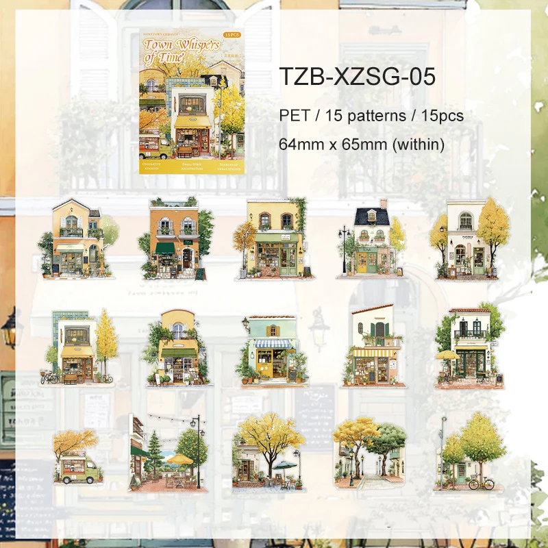 JIANWU Small Town Time Series Vintage House Tree Landscape Material Collage PET Sticker Creative DIY Journal Stationery