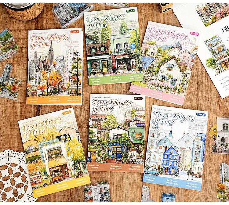 JIANWU Small Town Time Series Vintage House Tree Landscape Material Collage PET Sticker Creative DIY Journal Stationery
