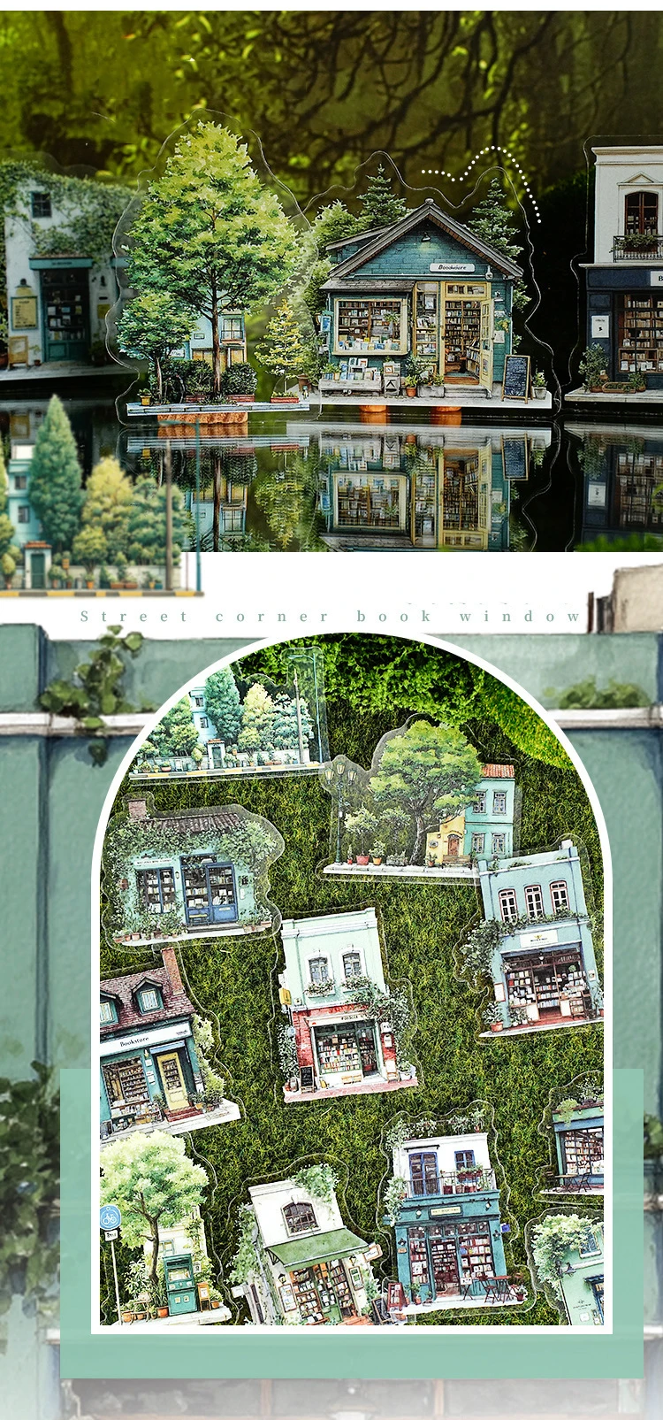 JIANWU Small Town Time Series Vintage House Tree Landscape Material Collage PET Sticker Creative DIY Journal Stationery