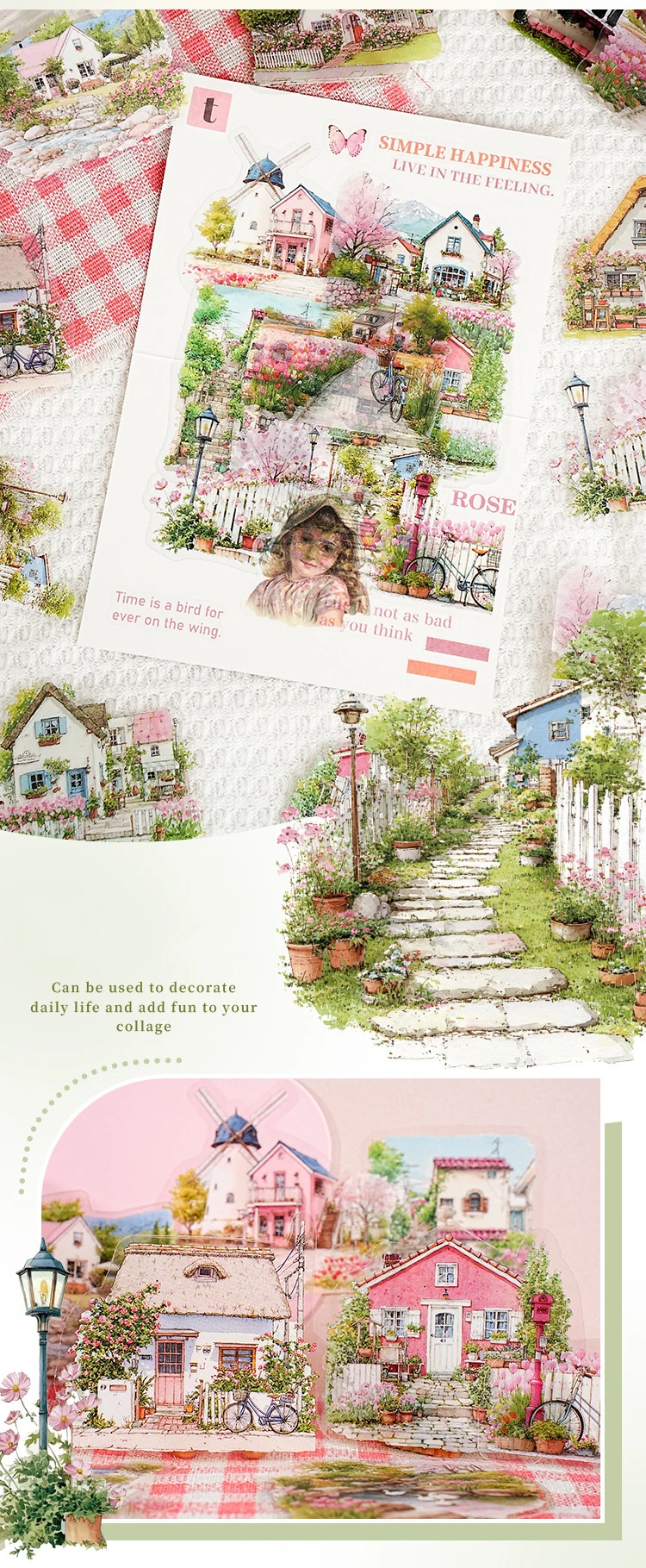 JIANWU Small Town Time Series Vintage House Tree Landscape Material Collage PET Sticker Creative DIY Journal Stationery