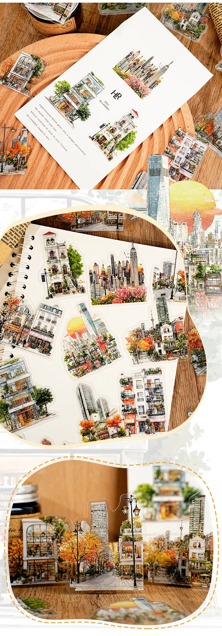 JIANWU Small Town Time Series Vintage House Tree Landscape Material Collage PET Sticker Creative DIY Journal Stationery