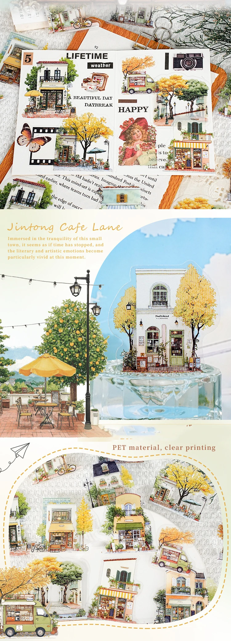 JIANWU Small Town Time Series Vintage House Tree Landscape Material Collage PET Sticker Creative DIY Journal Stationery