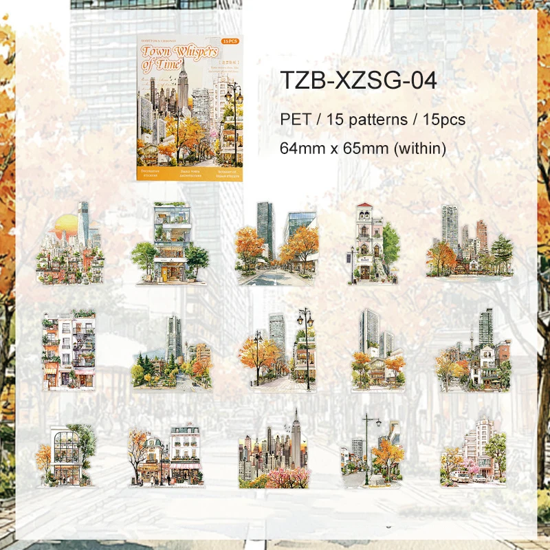 JIANWU Small Town Time Series Vintage House Tree Landscape Material Collage PET Sticker Creative DIY Journal Stationery