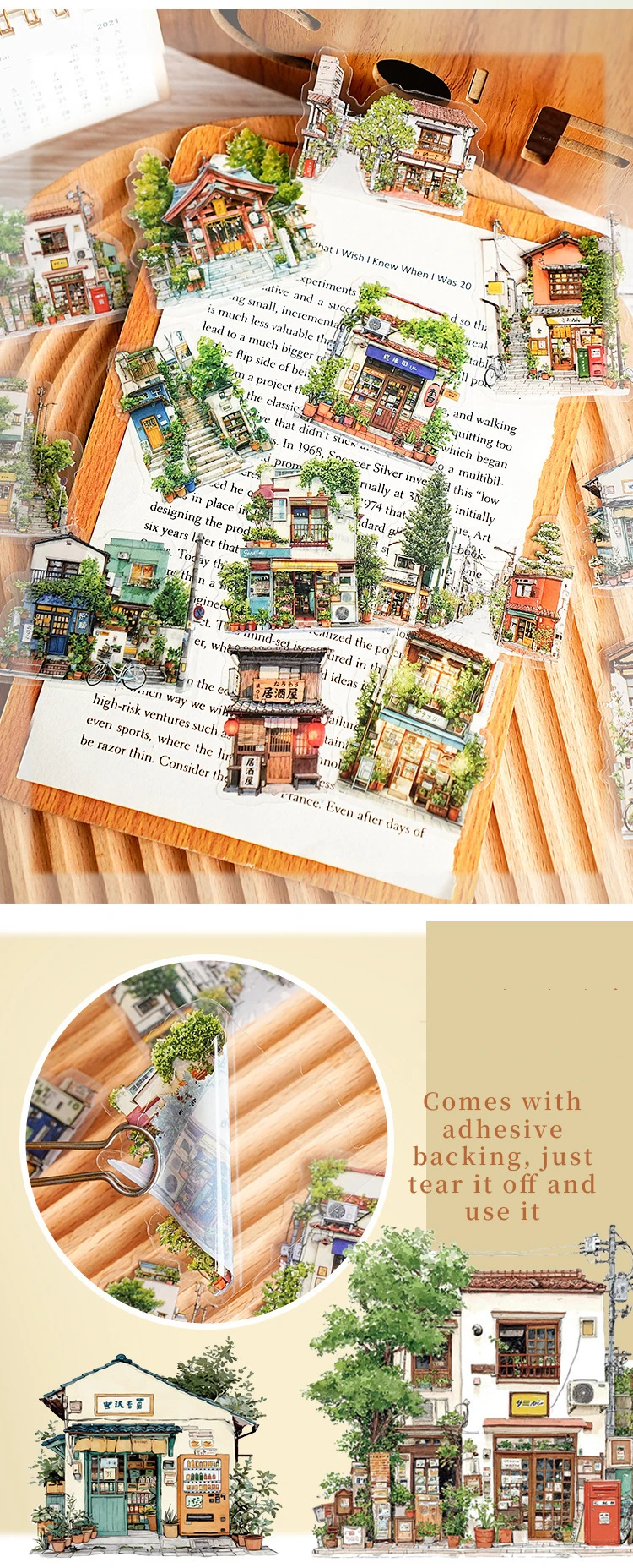 JIANWU Small Town Time Series Vintage House Tree Landscape Material Collage PET Sticker Creative DIY Journal Stationery