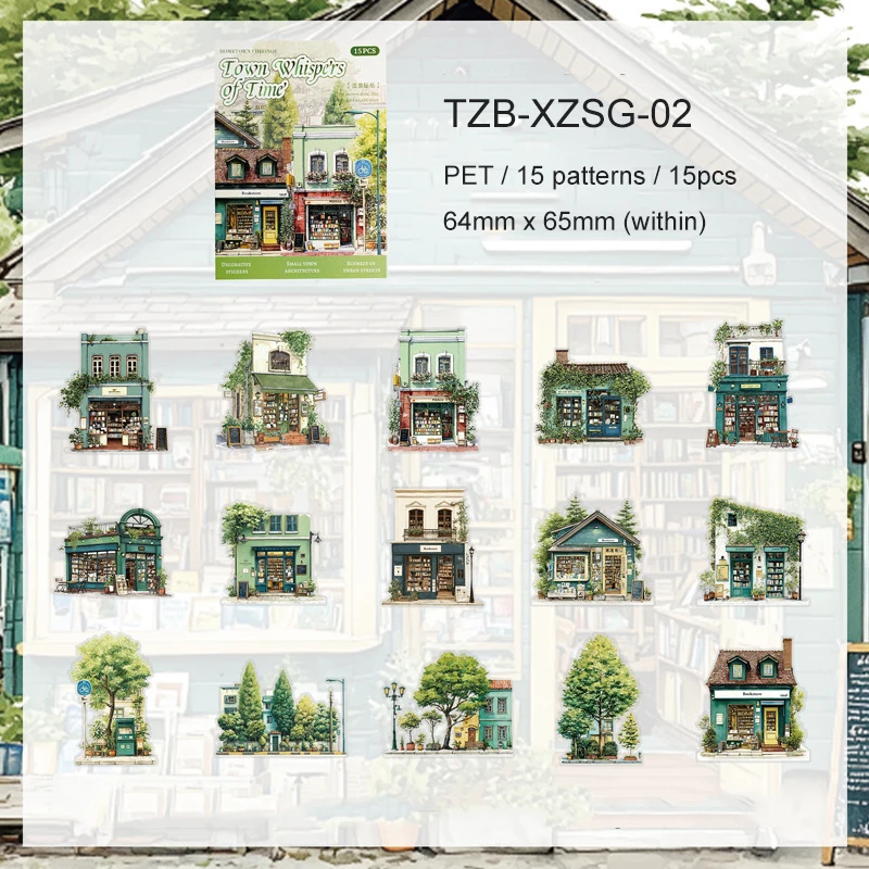 JIANWU Small Town Time Series Vintage House Tree Landscape Material Collage PET Sticker Creative DIY Journal Stationery