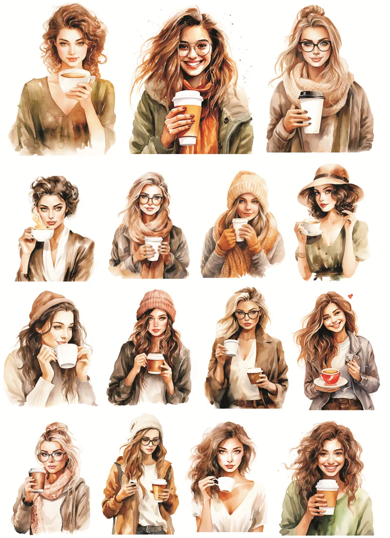 Watercolor Female White-collar Workers Drinking Coffee Stickers Girl Phone Case Photo Album DIY Decoration Scrapbooking