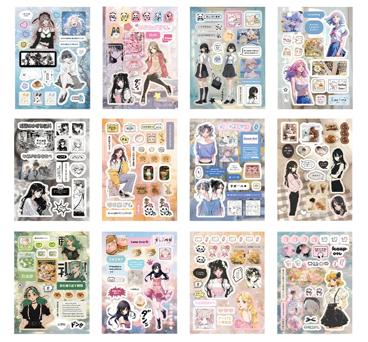 Kawaii INS Japanese Showa Early Style Glitter Film Die-cutting Sticker Book DIY Decoration Scrapbook Diary Stationery Sticker