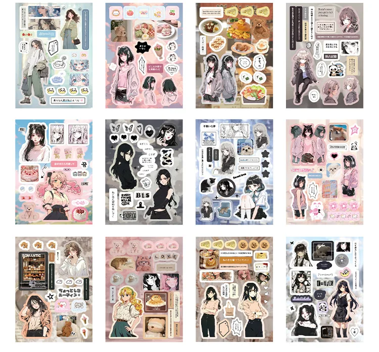Kawaii INS Japanese Showa Early Style Glitter Film Die-cutting Sticker Book DIY Decoration Scrapbook Diary Stationery Sticker