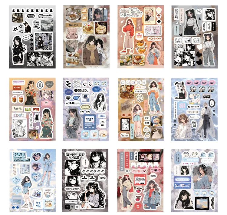 Kawaii INS Japanese Showa Early Style Glitter Film Die-cutting Sticker Book DIY Decoration Scrapbook Diary Stationery Sticker