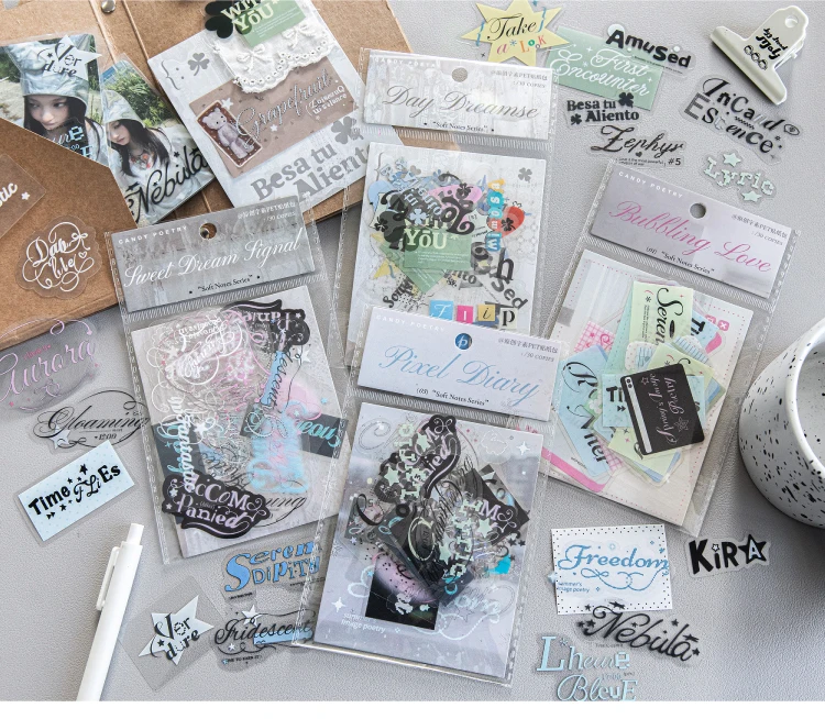 30pcs Soft Memo Series Kawaii Ins English Text Label PET Stickers DIY Diary Scrapbook Aesthetic Stationery Stickers