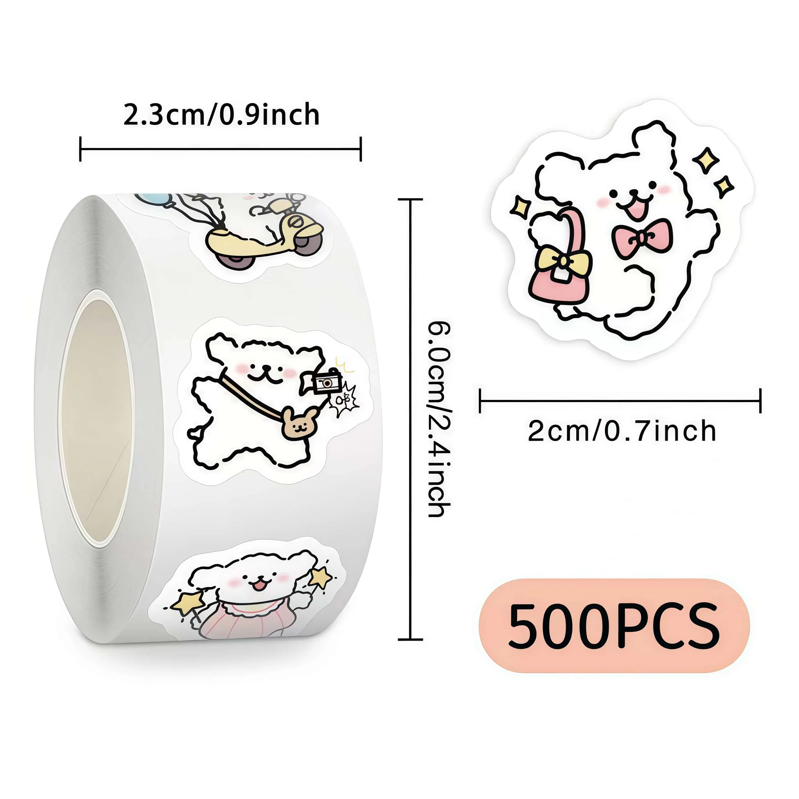 500Pcs/Roll Kawaii Dog Stickers, Cute Cartoon Puppy Decals for DIY, Journal & Gift Embellishment