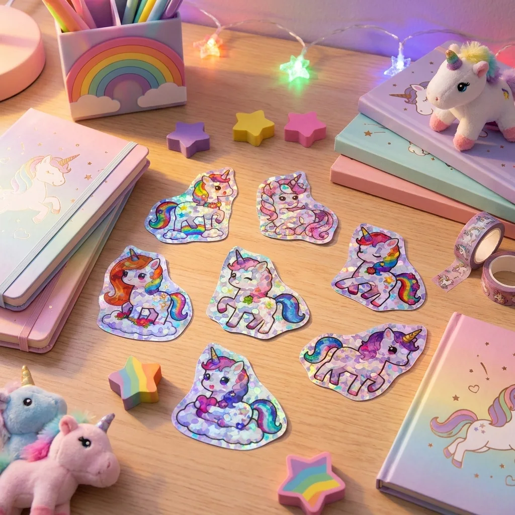 50-500Pcs Laser Unicorn Label Stickers DIY Decoration Stickers 1 Inch Self-Adhesive for Party Gift Bags (8 Styles)