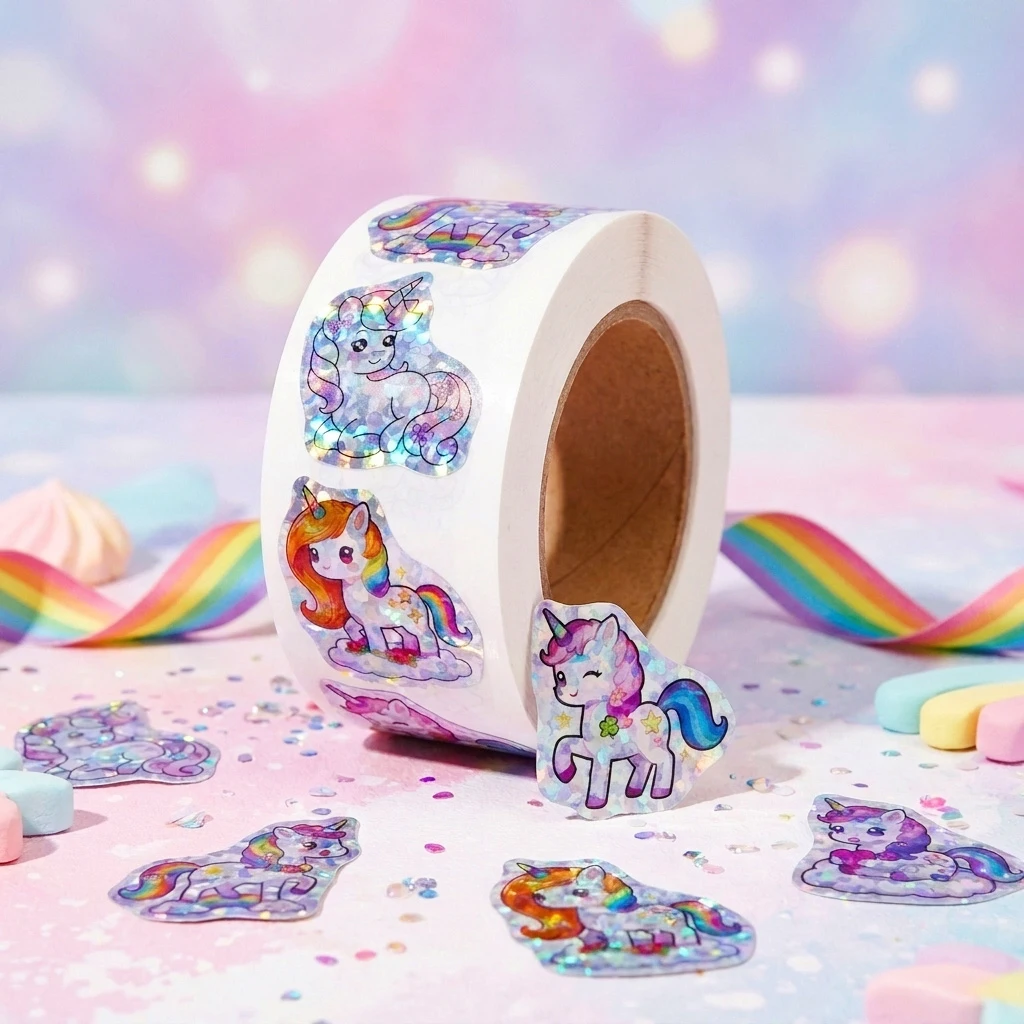 50-500Pcs Laser Unicorn Label Stickers DIY Decoration Stickers 1 Inch Self-Adhesive for Party Gift Bags (8 Styles)