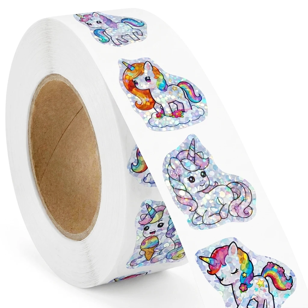 50-500Pcs Laser Unicorn Label Stickers DIY Decoration Stickers 1 Inch Self-Adhesive for Party Gift Bags (8 Styles)