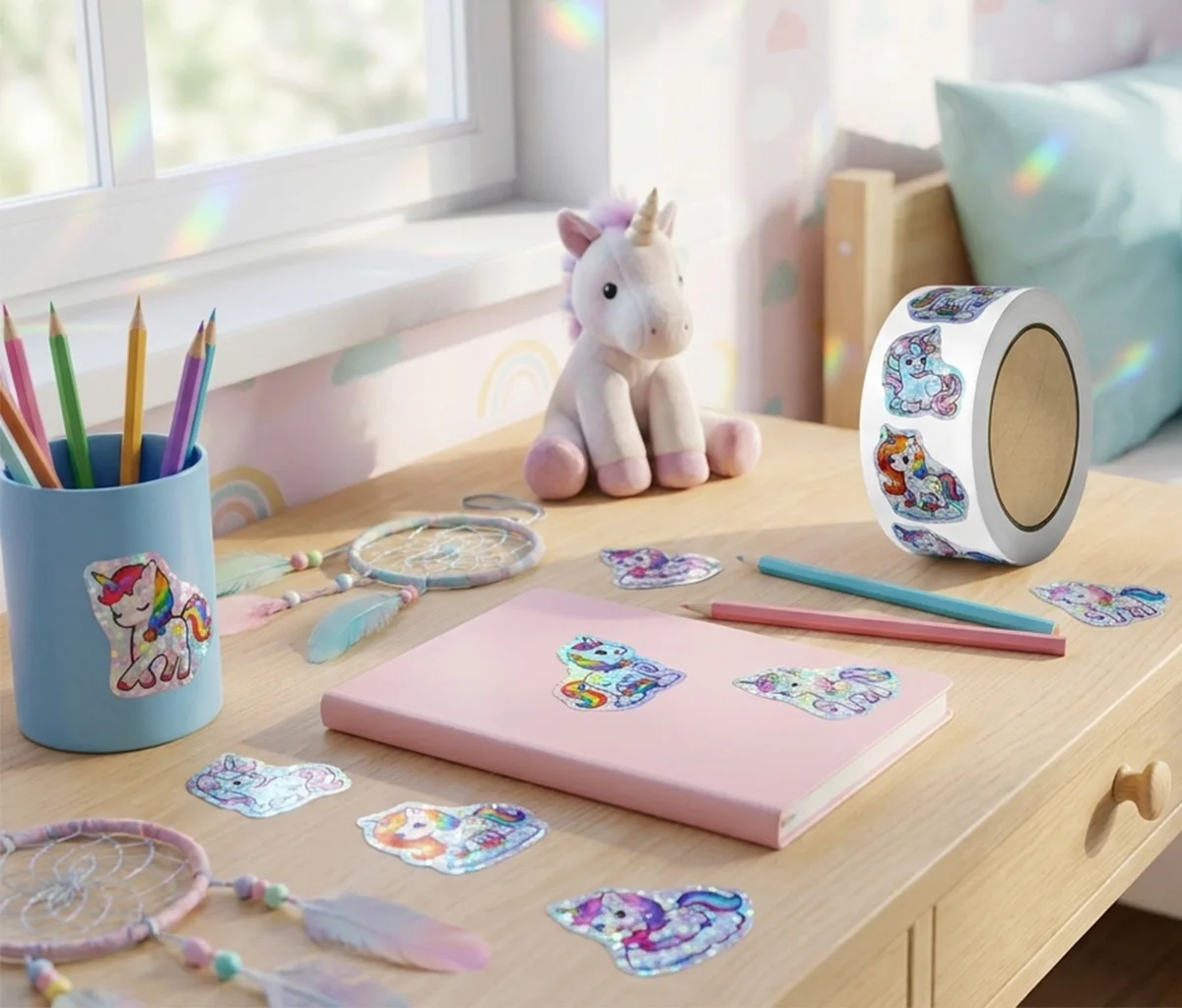 50-500Pcs Laser Unicorn Label Stickers DIY Decoration Stickers 1 Inch Self-Adhesive for Party Gift Bags (8 Styles)
