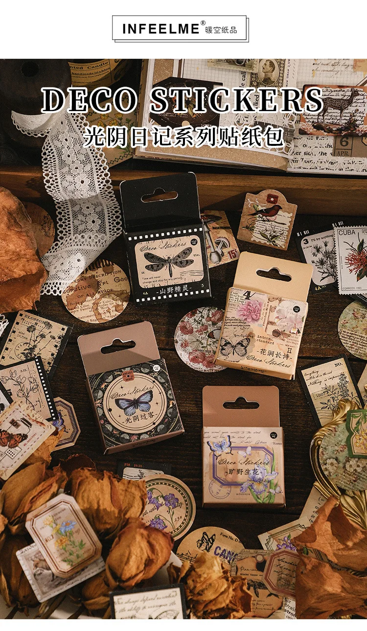 46 Pcs Kawaii Vintage Stationery Sticker Set Animal & Plant Designs for Gift Packing Scrapbooking Album Planning & Journaling