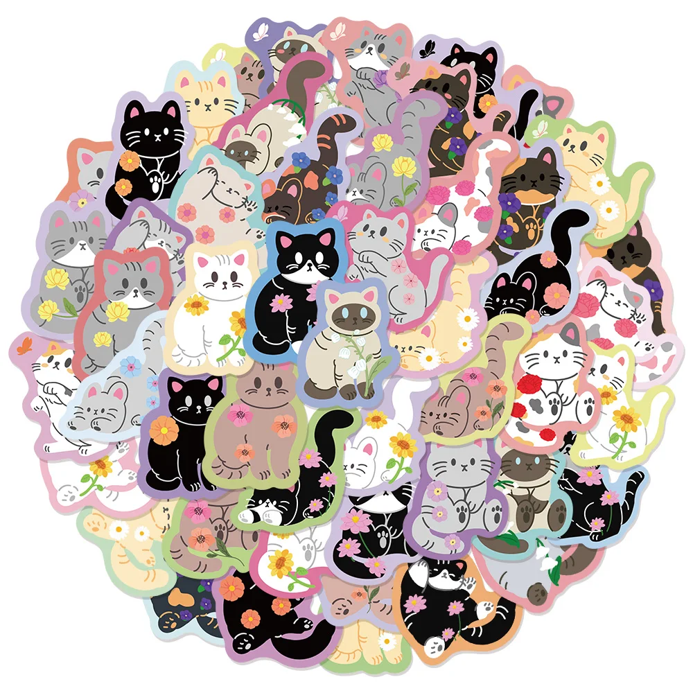 50PCS Flower and Cat Cute Graffiti Stickers DIY Luggage Notebook Speaker Water Cup Waterproof Stickers