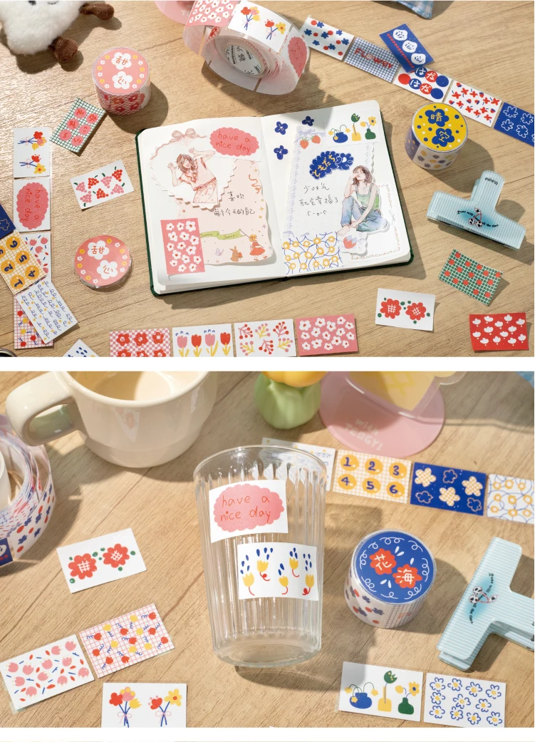Journal GO 3x200cm Floral Flowers Masking Tape Decorative Paper Tape Stickers for Scrapbooking Gift Wrapping DIY Craft