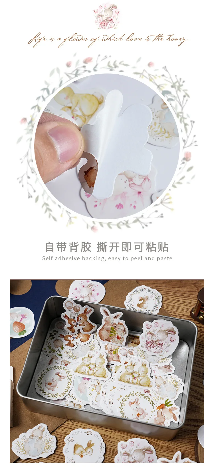 46Pcs Kawaii Rabbit Sketchbook Stickers Aesthetic Diary Decorations Scrapbooking Children's Stationery School Supplies Box