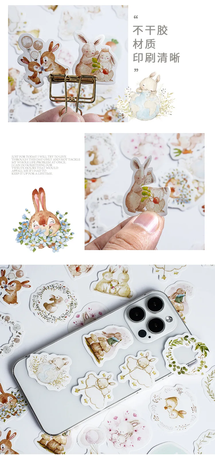 46Pcs Kawaii Rabbit Sketchbook Stickers Aesthetic Diary Decorations Scrapbooking Children's Stationery School Supplies Box