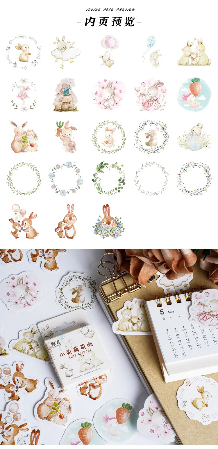 46Pcs Kawaii Rabbit Sketchbook Stickers Aesthetic Diary Decorations Scrapbooking Children's Stationery School Supplies Box