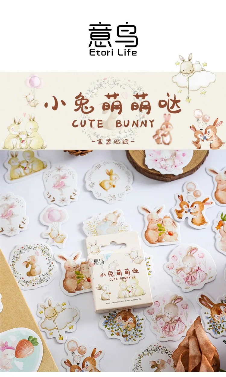 46Pcs Kawaii Rabbit Sketchbook Stickers Aesthetic Diary Decorations Scrapbooking Children's Stationery School Supplies Box
