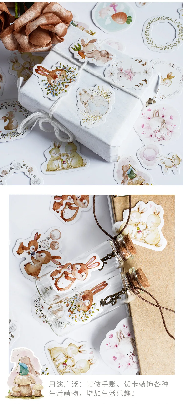 46Pcs Kawaii Rabbit Sketchbook Stickers Aesthetic Diary Decorations Scrapbooking Children's Stationery School Supplies Box