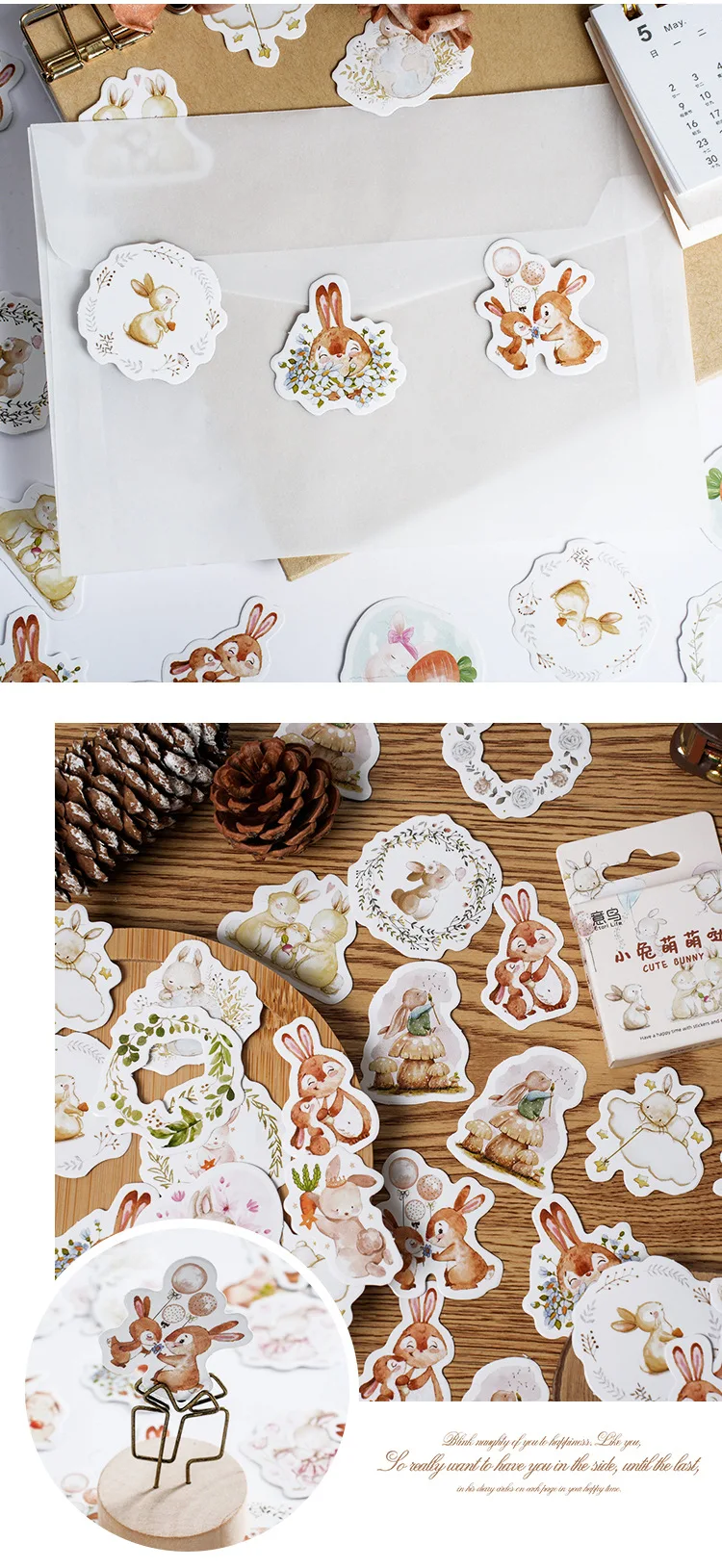 46Pcs Kawaii Rabbit Sketchbook Stickers Aesthetic Diary Decorations Scrapbooking Children's Stationery School Supplies Box
