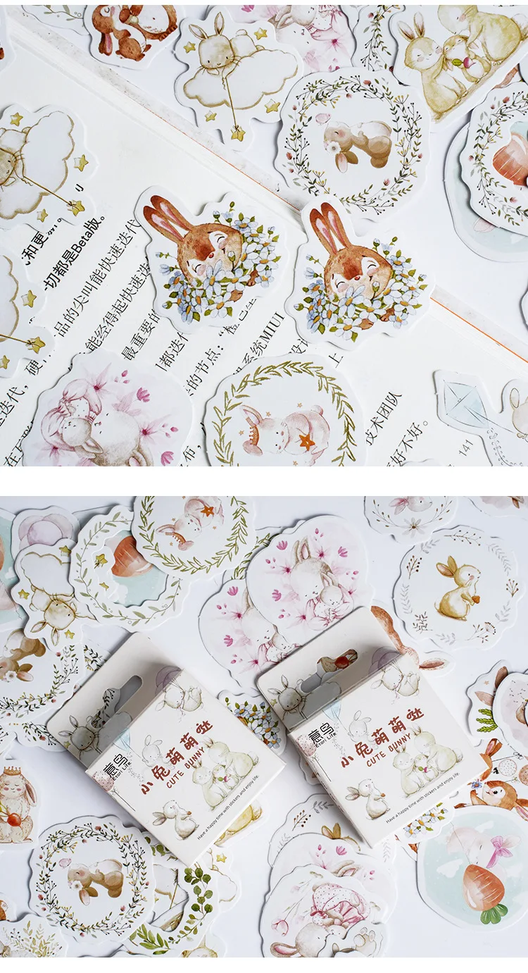 46Pcs Kawaii Rabbit Sketchbook Stickers Aesthetic Diary Decorations Scrapbooking Children's Stationery School Supplies Box