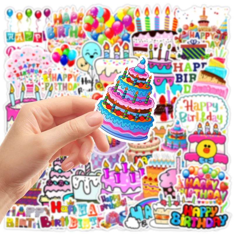 50PCS Birthday Cake Decals Playful Cartoon Designs Kids Party Invitations Gift Wrapping Card Decor Creative DIY Decals Toys Gift