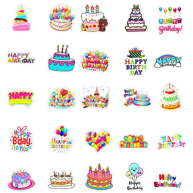 50PCS Birthday Cake Decals Playful Cartoon Designs Kids Party Invitations Gift Wrapping Card Decor Creative DIY Decals Toys Gift