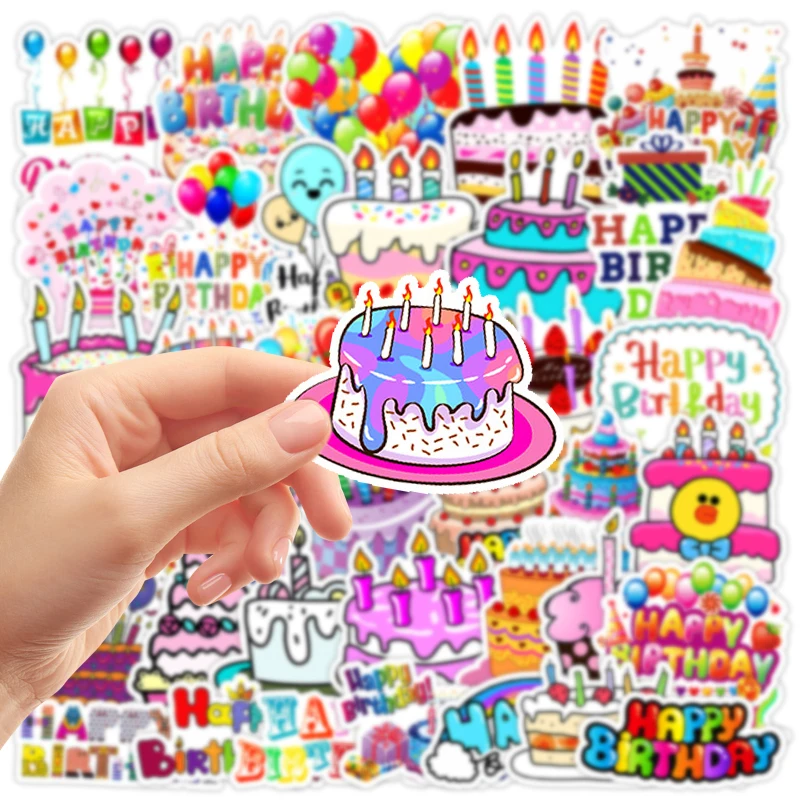 50PCS Birthday Cake Decals Playful Cartoon Designs Kids Party Invitations Gift Wrapping Card Decor Creative DIY Decals Toys Gift