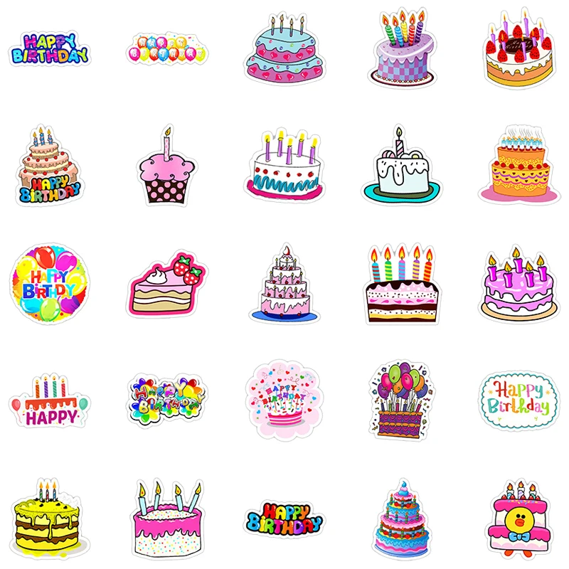 50PCS Birthday Cake Decals Playful Cartoon Designs Kids Party Invitations Gift Wrapping Card Decor Creative DIY Decals Toys Gift