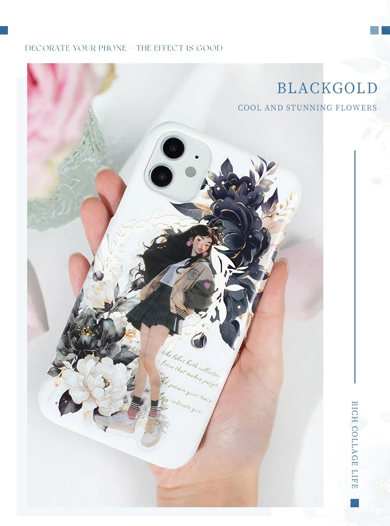 JIANWU Translucen Flowers Series Vintage Flower Bronzing Material Collage PET Sticker Creative DIY Journal Stationery