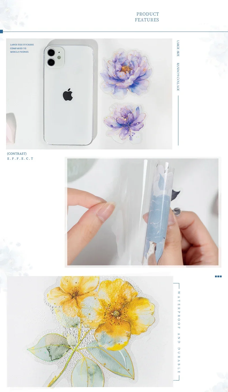 JIANWU Translucen Flowers Series Vintage Flower Bronzing Material Collage PET Sticker Creative DIY Journal Stationery