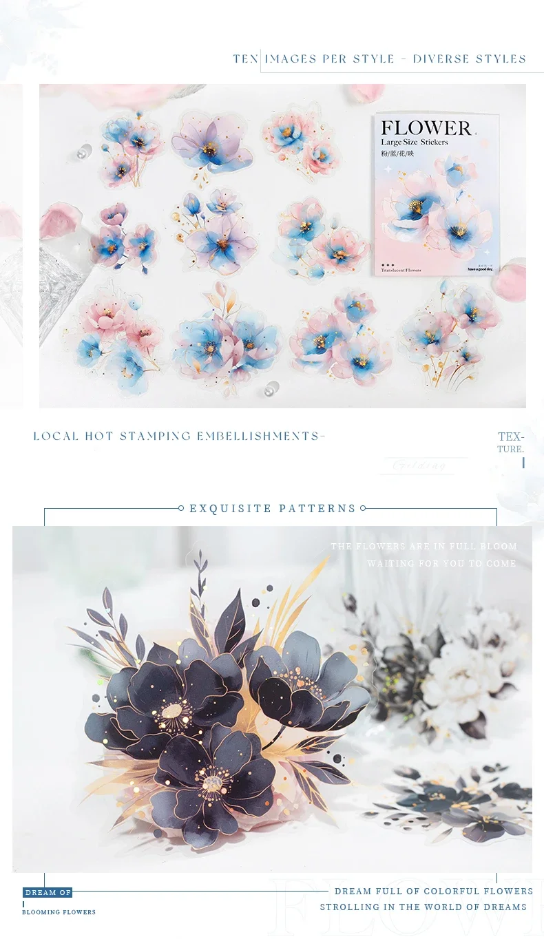 JIANWU Translucen Flowers Series Vintage Flower Bronzing Material Collage PET Sticker Creative DIY Journal Stationery