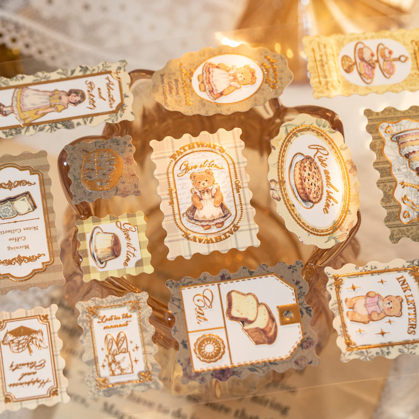 Mr.Paper 3 Packs Stamp Story Series Light Retro Gold Foil Embossed Stickers DIY Journal Scrapbook Collage Decor Craft Supplies