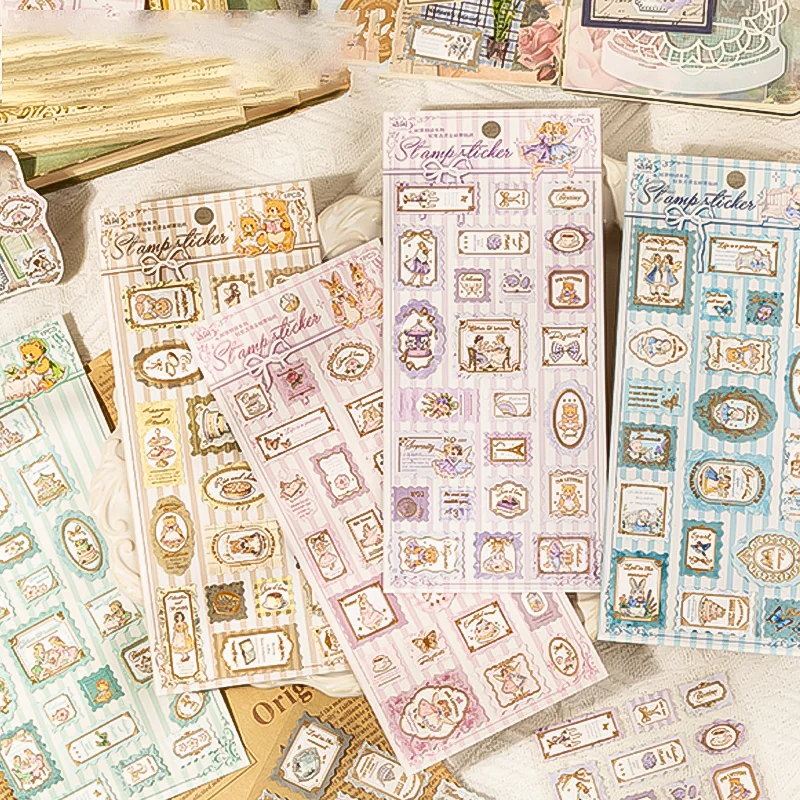 Mr.Paper 3 Packs Stamp Story Series Light Retro Gold Foil Embossed Stickers DIY Journal Scrapbook Collage Decor Craft Supplies