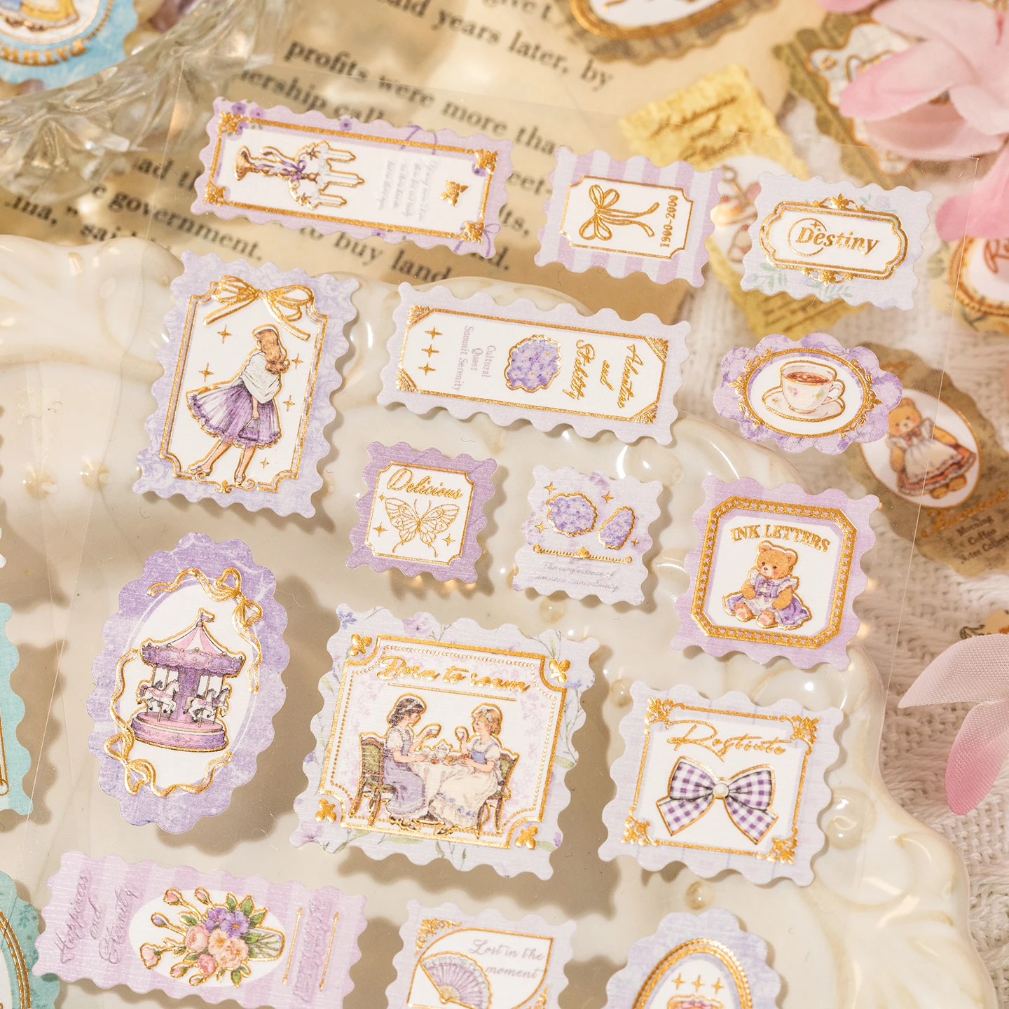 Mr.Paper 3 Packs Stamp Story Series Light Retro Gold Foil Embossed Stickers DIY Journal Scrapbook Collage Decor Craft Supplies