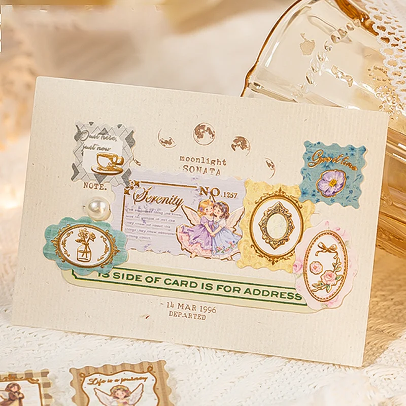 Mr.Paper 3 Packs Stamp Story Series Light Retro Gold Foil Embossed Stickers DIY Journal Scrapbook Collage Decor Craft Supplies
