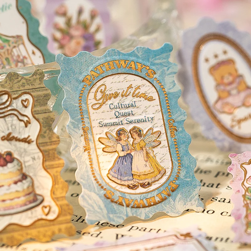 Mr.Paper 3 Packs Stamp Story Series Light Retro Gold Foil Embossed Stickers DIY Journal Scrapbook Collage Decor Craft Supplies