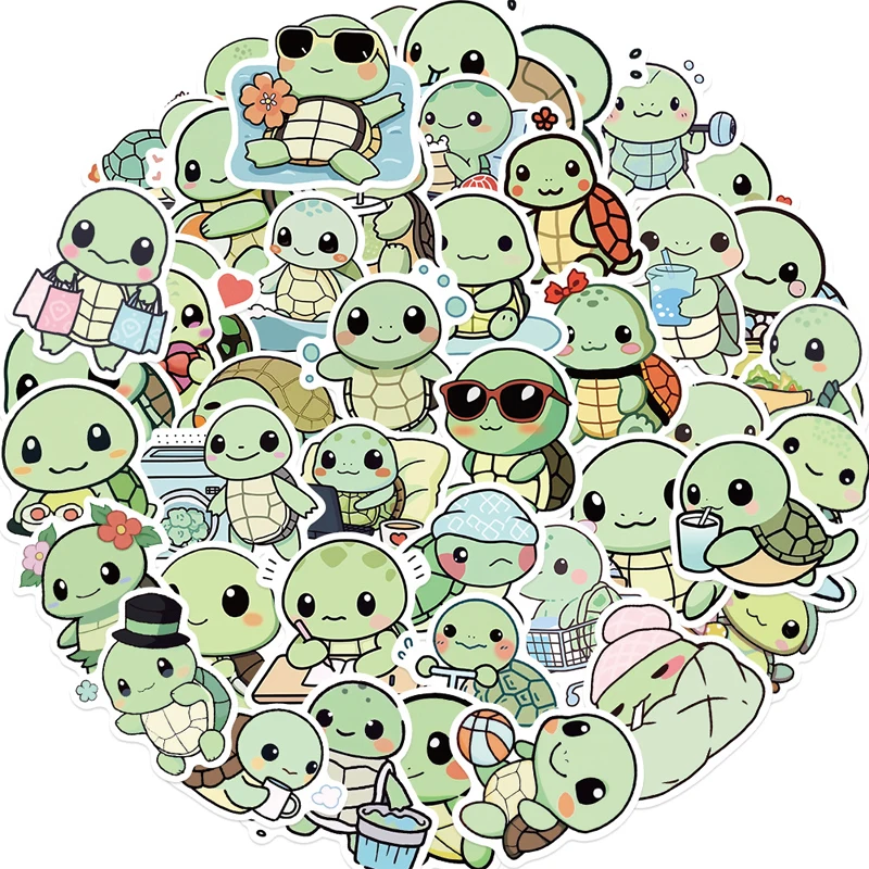 50PCS Cute Little Turtle Sticker Graffiti Tortoise DIY Diary Guitar Phone Luggage Sticker Children's Boys Girls Sticker Toys