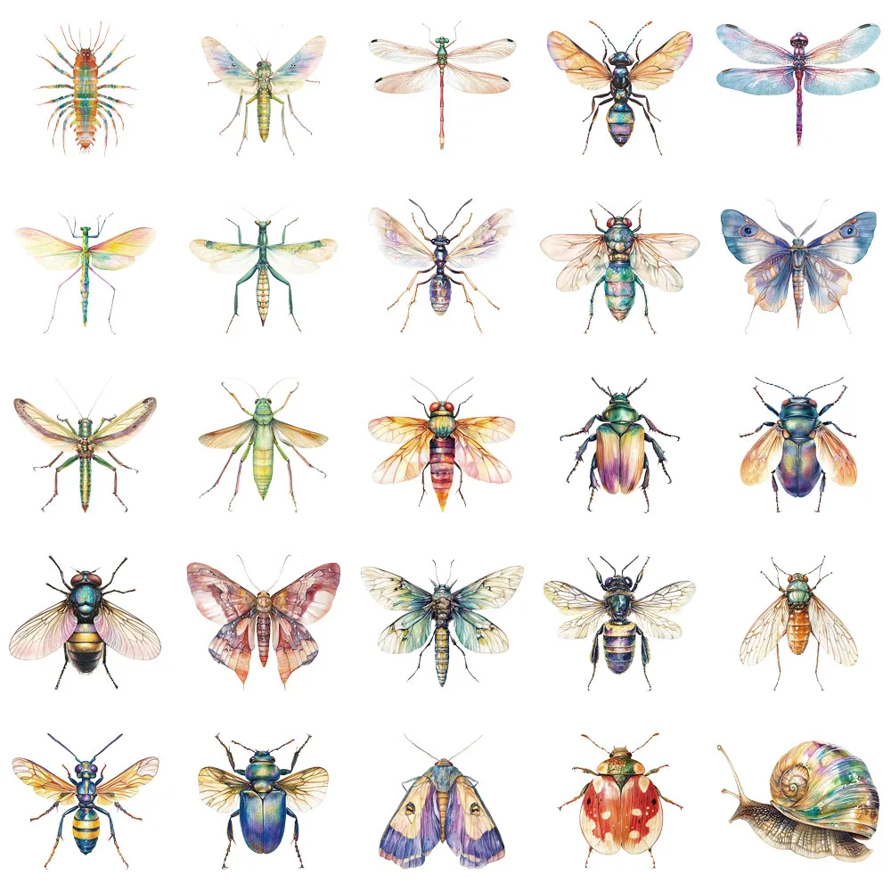 50PCS Exquisite Insect Watercolor Graffiti Stickers Handbooks DIY Luggage Notebooks Motorcycles PET Waterproof Stickers