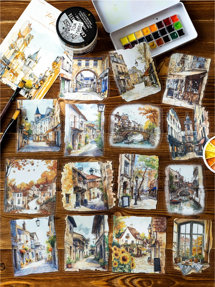 15pcs/pack City Color Series Street Landscape PET Stickers DIY Scrapbook Handbook Diary Album Material Retro Ins Decor Stickers