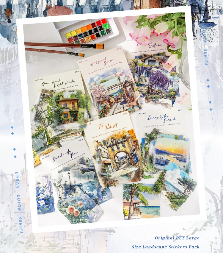 15pcs/pack City Color Series Street Landscape PET Stickers DIY Scrapbook Handbook Diary Album Material Retro Ins Decor Stickers