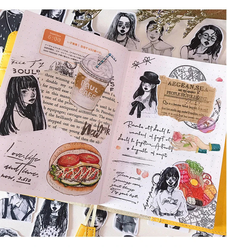 50pcs Ins Wind Japanese Girl Heart Stickers Black And White Salt Girl A Character Sketch Waterproof Hand Account Stationery
