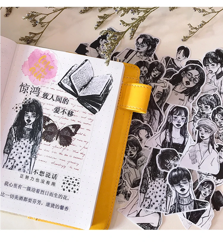 50pcs Ins Wind Japanese Girl Heart Stickers Black And White Salt Girl A Character Sketch Waterproof Hand Account Stationery