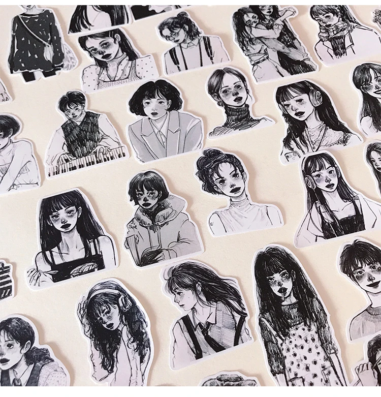 50pcs Ins Wind Japanese Girl Heart Stickers Black And White Salt Girl A Character Sketch Waterproof Hand Account Stationery